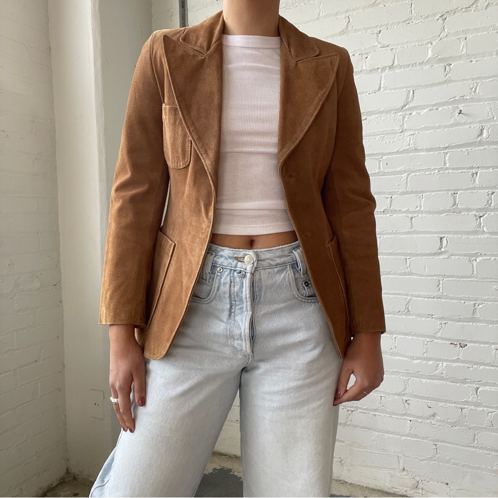 Vintage 70's Benchmark Tan Suede Leather Dagger Collar Jacket Blazer